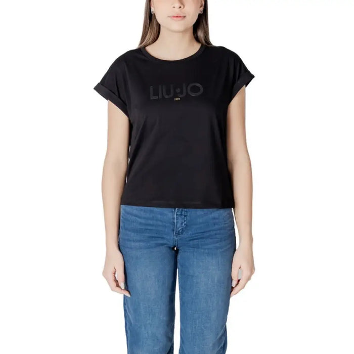 Woman wearing a black Liu Jo T Shirt for Women showcasing stylish casual fashion