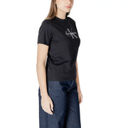 Black short-sleeve Calvin Klein Jeans women’s T-shirt with gray logo and round neck