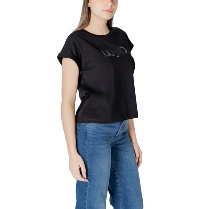 Liu Jo Black T Shirt for Women featuring a black design with rolled sleeves