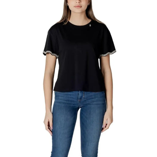 Women’s black T shirt featuring embellished sleeves, ideal for stylish casual wear