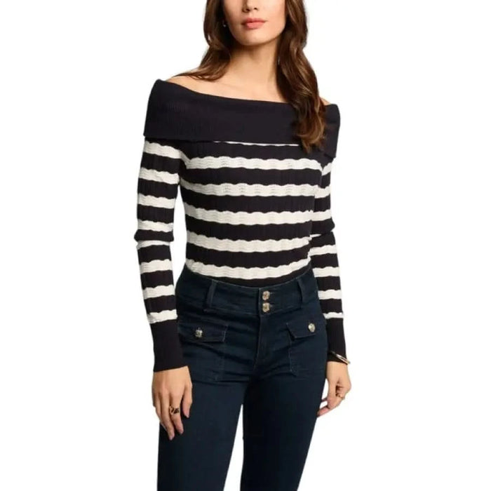 Morgan De Toi Women’s Striped Boat Neck Sweater in black and white off-the-shoulder style