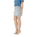 Woman wearing a blue top and denim skirt outfit with heels, showcased in Blue Top and Denim Skirt Outfit With Heels