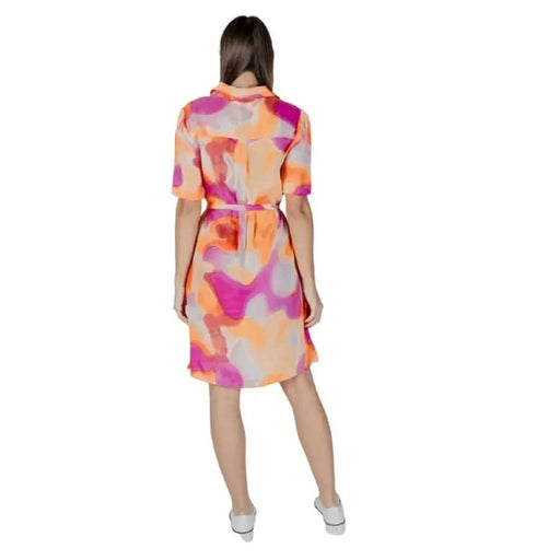 Colorful patterned dress by B.young, featuring a V-neck and made of 100% cotton