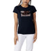 Woman wearing Armani Exchange Women’s Black Print T-Shirt with dark blue sequined logo