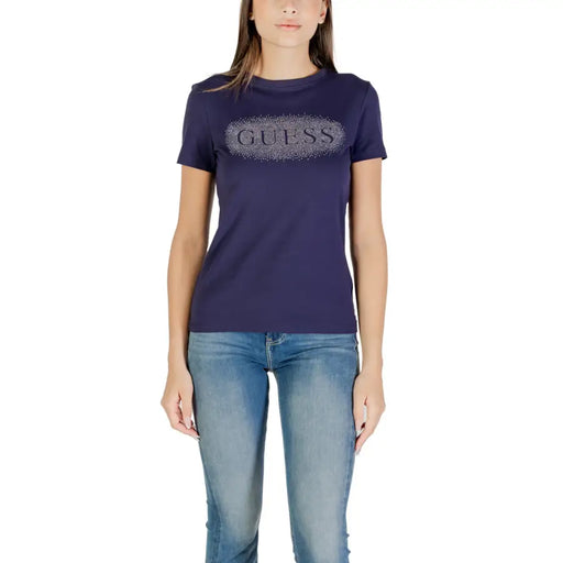 Dark blue Guess Active women’s short sleeve T-shirt with sparkly logo and round neck