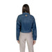 Elegant woman’s denim zip up jacket displayed in a fashion retail setting