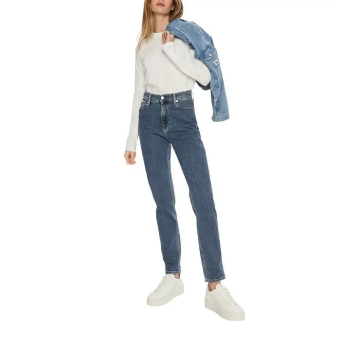 Blue high waisted denim jeans for women showcased in a product display image