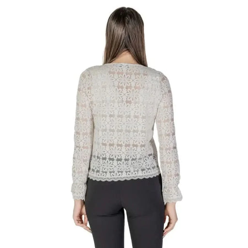 Morgan De Toi Women’s Spring Summer Blouse in Beige, featuring a floral lace long sleeve design