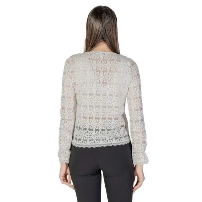 Morgan De Toi Women’s Spring Summer Blouse in Beige, featuring a floral lace long sleeve design