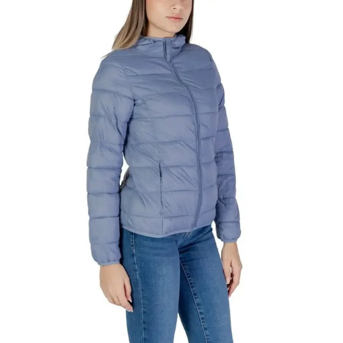 Woman wearing B.young Light Blue Turtleneck Puffer Jacket with Hood and Pockets