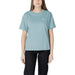 Woman wearing a light blue T shirt from the Women Light Blue T Shirt collection