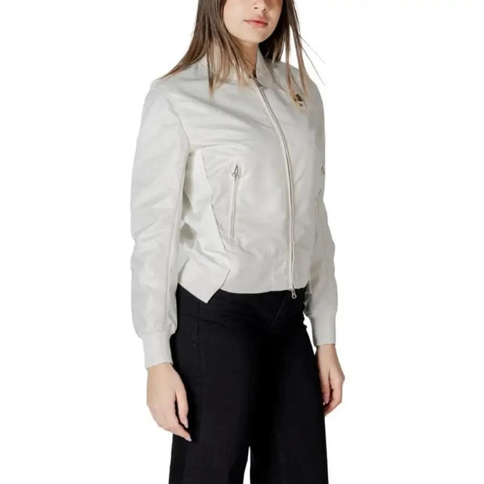 Woman’s light gray bomber jacket displayed in Blauer Women’s White Zip Jacket