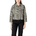 Woman wearing a stylish patterned button-down shirt from Womens Patterned Button Down Shirt collection