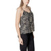 Woman wearing leaf patterned camisole and black pants displayed in Womens Leaf Patterned Camisole and Black Pants