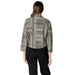 Woman wearing a patterned cropped blouse from Women’s Patterned Button Down Shirt collection