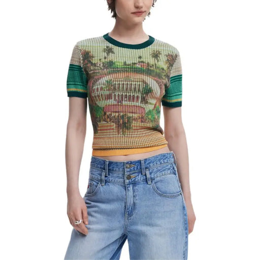 Woman wearing a stylish patterned knit top from the Patterned Knit Top for Women collection