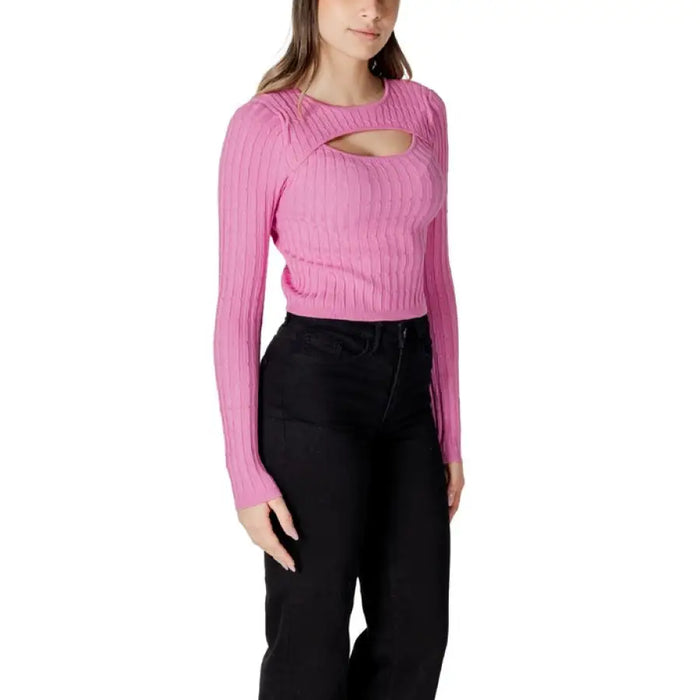 Womens Pink Ribbed Knit Top with Chest Cutout, long-sleeved fashion garment