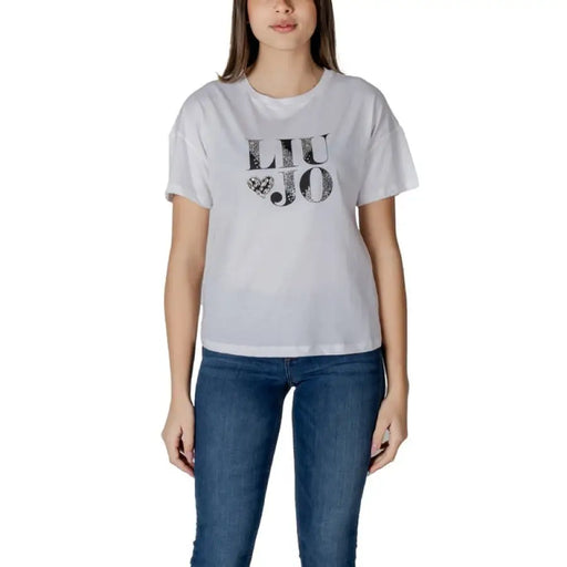 Woman’s white logo T-shirt displayed with a prominent front logo detail