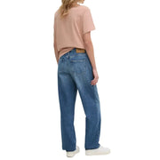 Women casual denim jeans in blue with a relaxed wide-leg cut and classic back pocket design shown from the back side