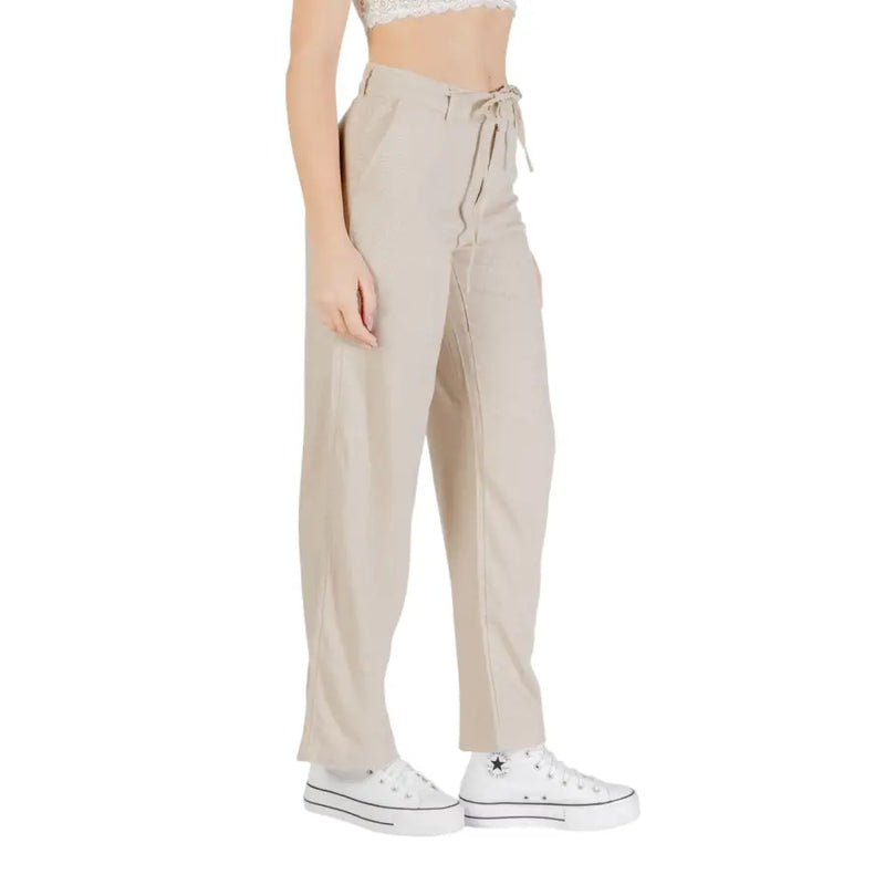Women’s beige high-waisted drawstring linen viscose trousers with front pockets