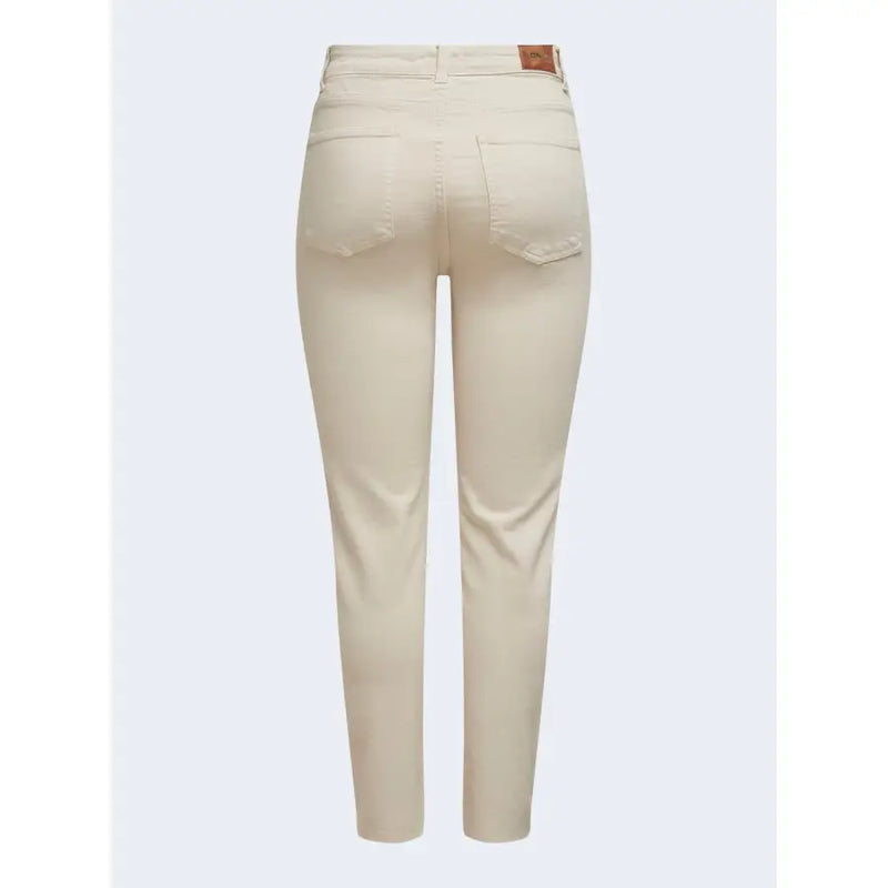 Jean skinny beige taille haute pour femme, en denim classique avec étiquette en cuir marron à la ceinture (vue arrière)