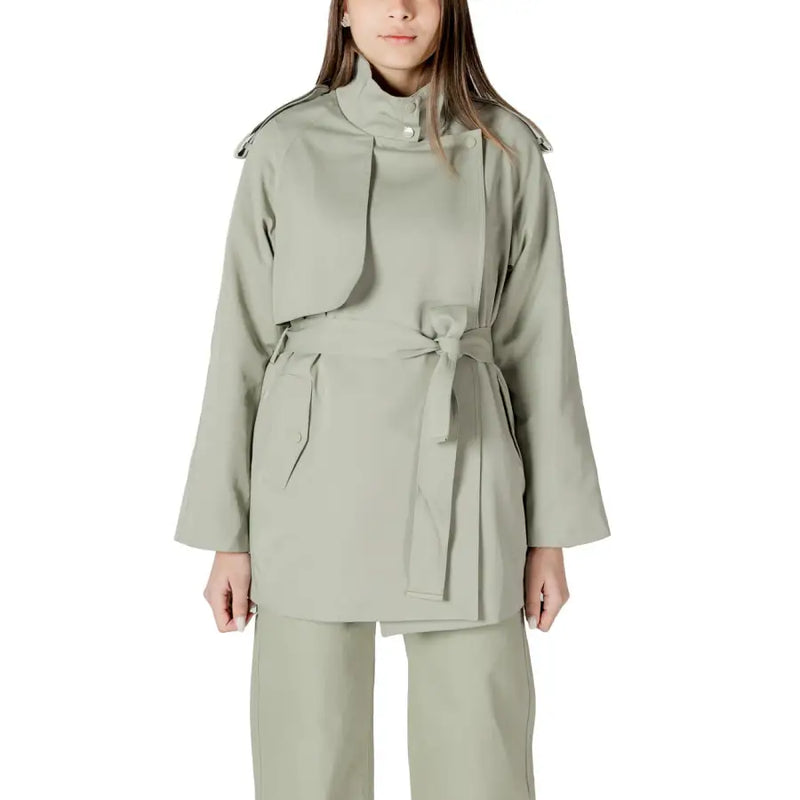 A sleek olive green belted trench coat with a high collar for women in a stylish blazer design