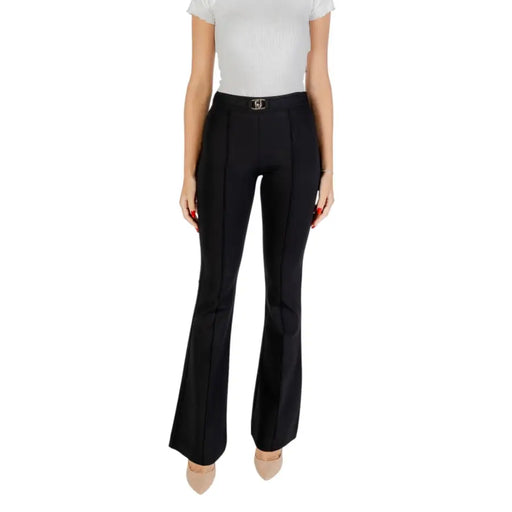 Liu Jo Women Black Fall Winter Trousers with flared design and metal buckle detail