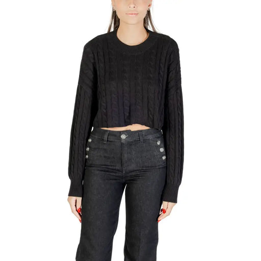 Women’s black cable-knit cropped sweater from Womens Black Long Round Neck Knitwear for Fall Winter