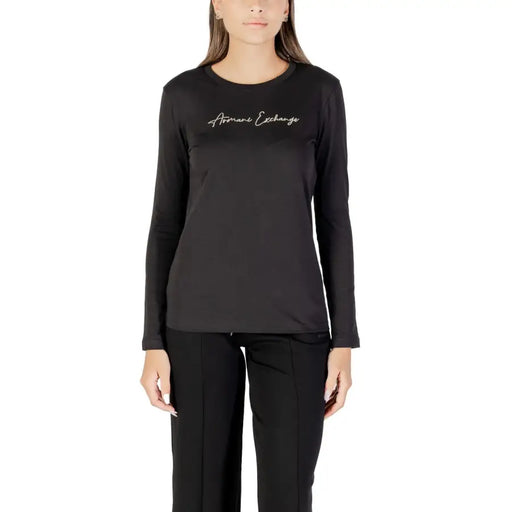 Women’s black long-sleeve crew neck cotton T-shirt from Armani Exchange for women