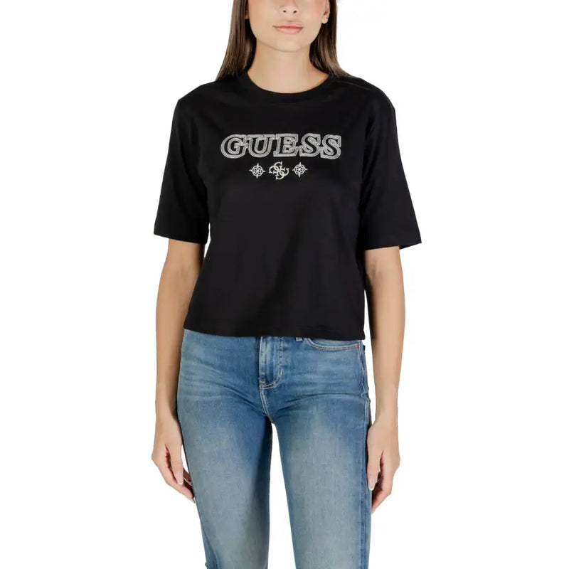 Women’s black short-sleeve T-shirt with GUESS printed on the front, stylish casual wear