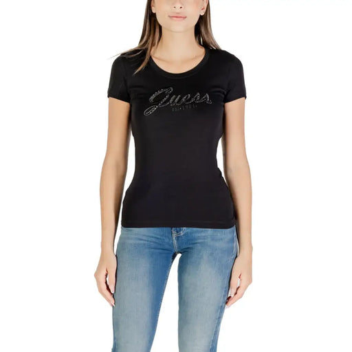 Women’s black short-sleeve T-shirt with rhinestone Guess logo and round neckline
