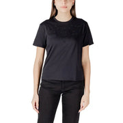 Women’s black cotton short-sleeve t-shirt with embroidered V-neck detailing from Jacqueline De Yong