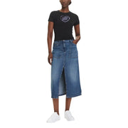 Black women’s short-sleeve T-shirt with heart graphic paired with blue denim midi skirt