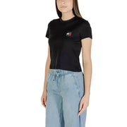 Women’s black short-sleeved organic cotton T-shirt with small logo on chest