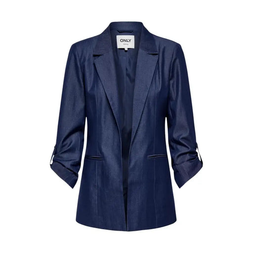 Navy blue denim women’s blazer with lapel collar, rolled-up sleeves, and front pockets for a stylish look