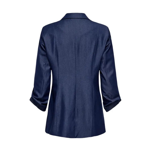 Navy blue satin women’s blazer with lapel collar three-quarter length sleeves and front pockets
