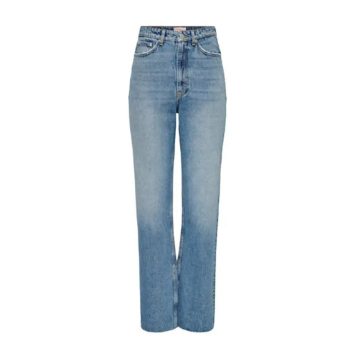 Jean bleu taille haute pour femme, coupe droite, 100 % coton, poches, délavage bleu moyen avec détails délavés.