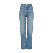 High-waisted straight-leg women’s blue jeans 100 percent cotton with pockets in medium blue wash with fading details
