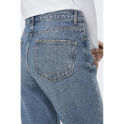 Back side of women’s blue jeans 100 percent cotton medium wash with classic pockets and contrasting stitching