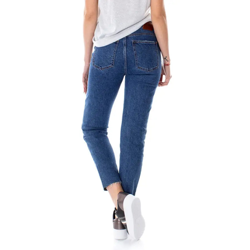 Jean droit bleu pour femme, ourlet effiloché, 99 % coton, 1 % élasthanne, lavable en machine