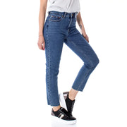 Jean bleu pour femme, taille mi-haute, coupe droite, en 99 % coton et 1 % élasthanne, ourlets effilochés et tissu lavable en machine