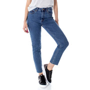 Jean bleu en denim pour femme, taille mi-haute, coupe droite, ourlet court, 99 % coton, 1 % élasthanne, lavable en machine