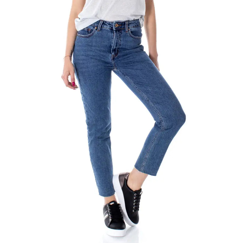 Jean bleu en denim pour femme, taille mi-haute, coupe droite, ourlet court, 99 % coton, 1 % élasthanne, lavable en machine