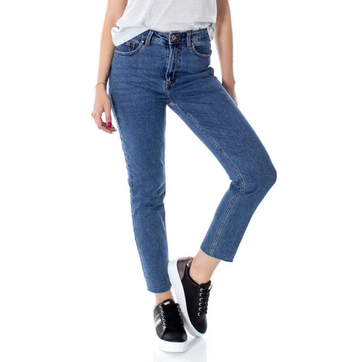 Jean bleu en denim pour femme, taille mi-haute, coupe droite, ourlet court, 99 % coton, 1 % élasthanne, lavable en machine