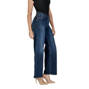 Dark wash high-waisted wide-leg women’s jeans with zip button closure and pockets