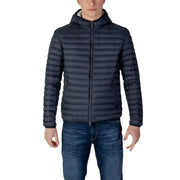 Women’s blue nylon hooded blazer with zip and pockets shown as dark navy puffer jacket with horizontal quilted stitching and hood