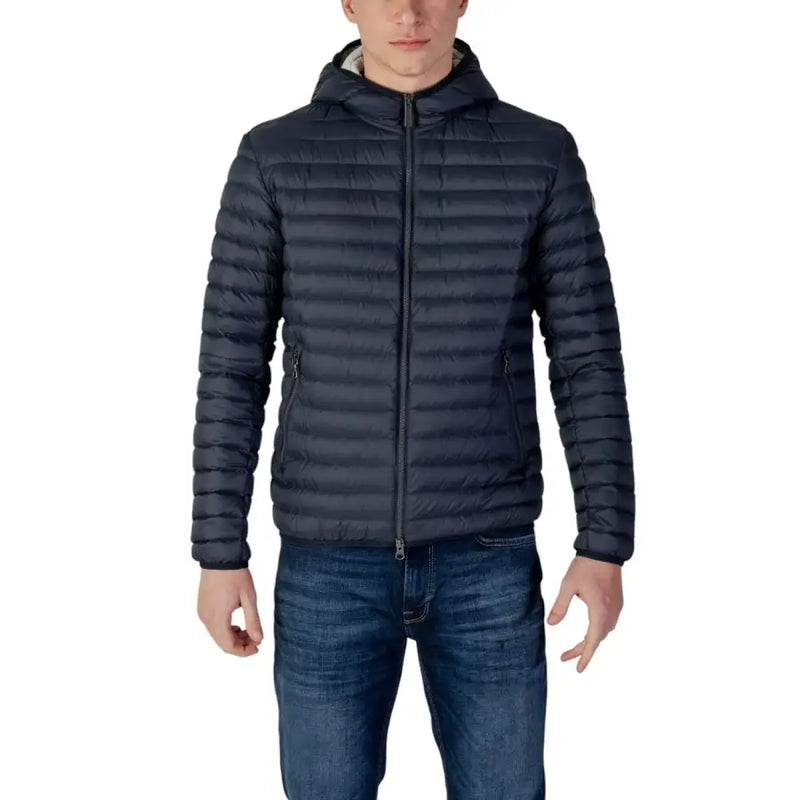Women’s blue nylon hooded blazer with zip and pockets shown as dark navy puffer jacket with horizontal quilted stitching and hood