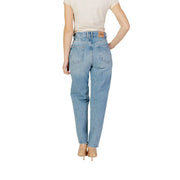 Back side of women’s blue plain light-wash denim jeans with high-rise fit classic pockets and brand label on waistband
