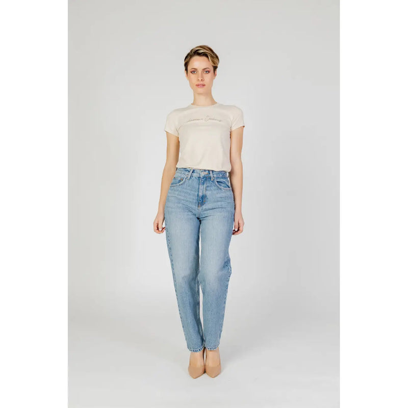 Women’s blue plain jeans in light-wash denim with high-rise fit, straight-leg cut, and functional pockets