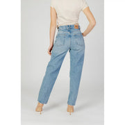 Women’s blue plain light-wash denim jeans with high-rise fit, straight-leg cut, back pockets, and brown leather patch
